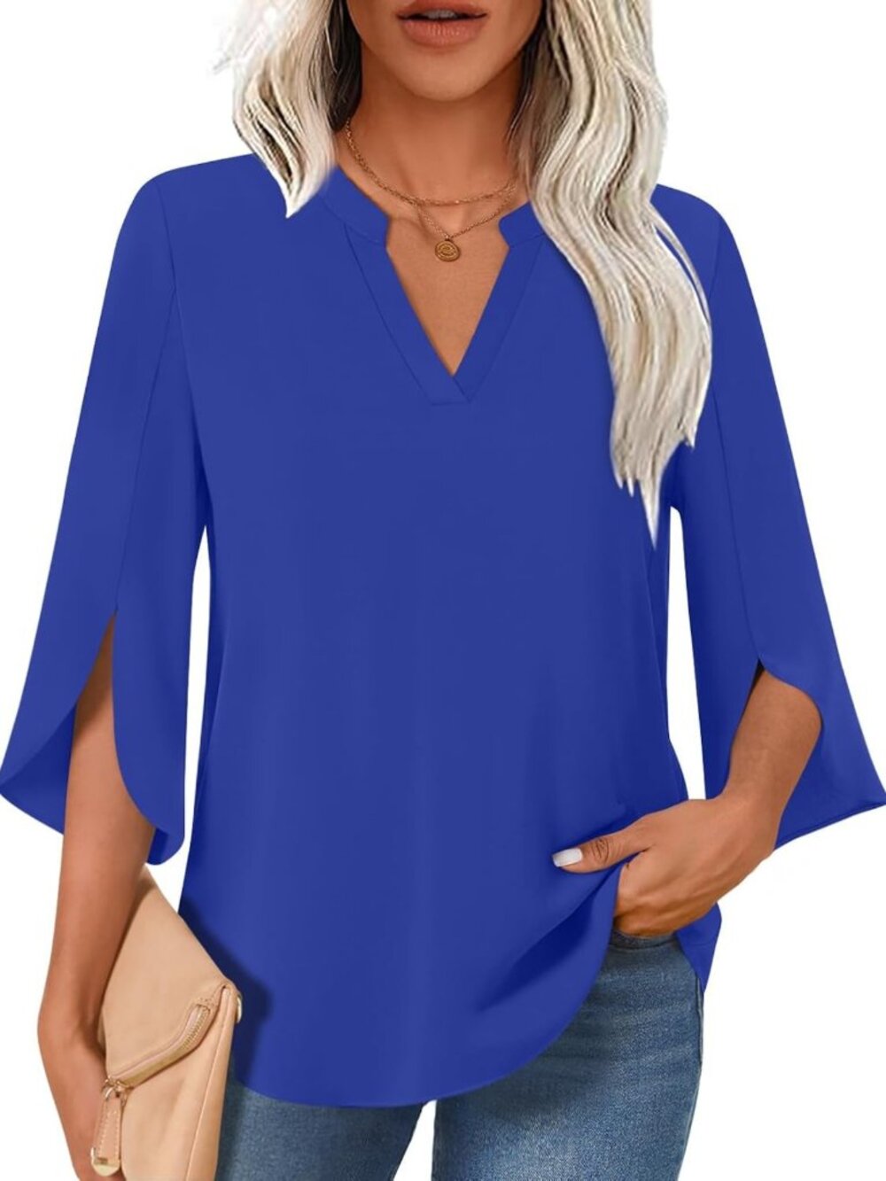Findsweet Women Blouses Dressy Casual 3/4 Sleeve Tops Business Work Chiffon